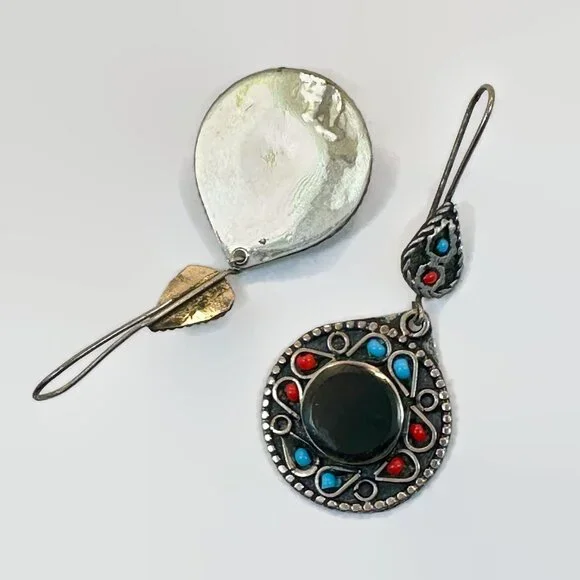Black Earrings, Agate Aqeeq Stone, Afghan, Middle Eastern, Boho, Kuchi, Vintage - Picture 3 of 3